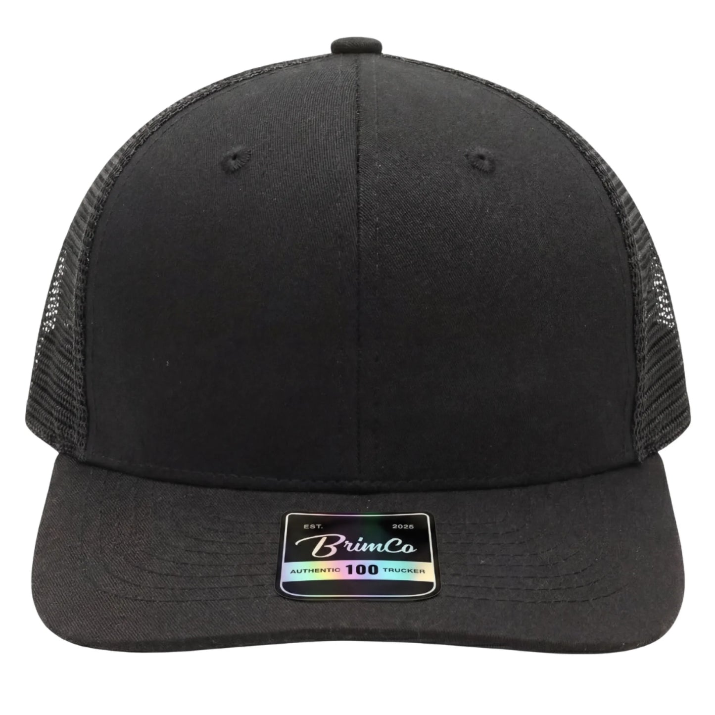 Black Brimco 100 trucker hat featuring a structured front panel with matching black mesh back, designed for breathable comfort, lightweight wear, and everyday casual or active use.