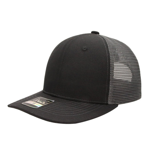 Black Brimco 100 trucker hat with a structured front panel and charcoal mesh back, designed for breathable comfort, lightweight wear, and durable everyday casual or active use.