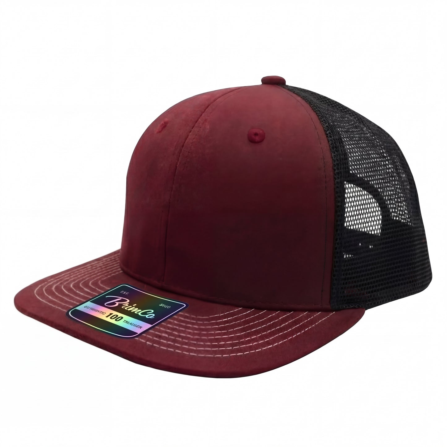 Maroon Brimco 100 trucker hat with a structured front panel and black mesh back, designed for breathable comfort, lightweight wear, and durable everyday casual or active use.
