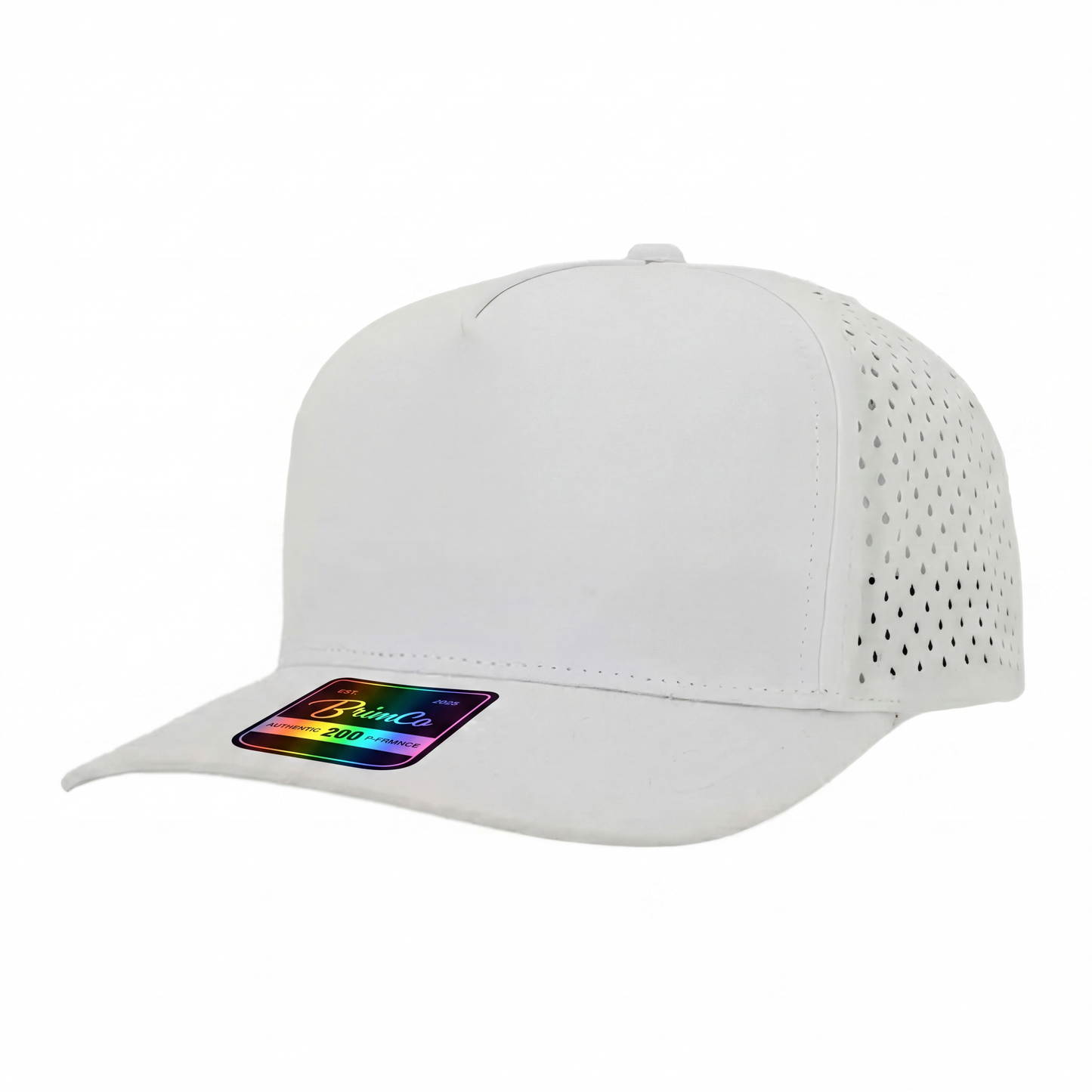 White Brimco 200 performance hat with a structured athletic design and clean front panel without rope detailing, made for lightweight comfort, breathability, and durable performance for active everyday wear.