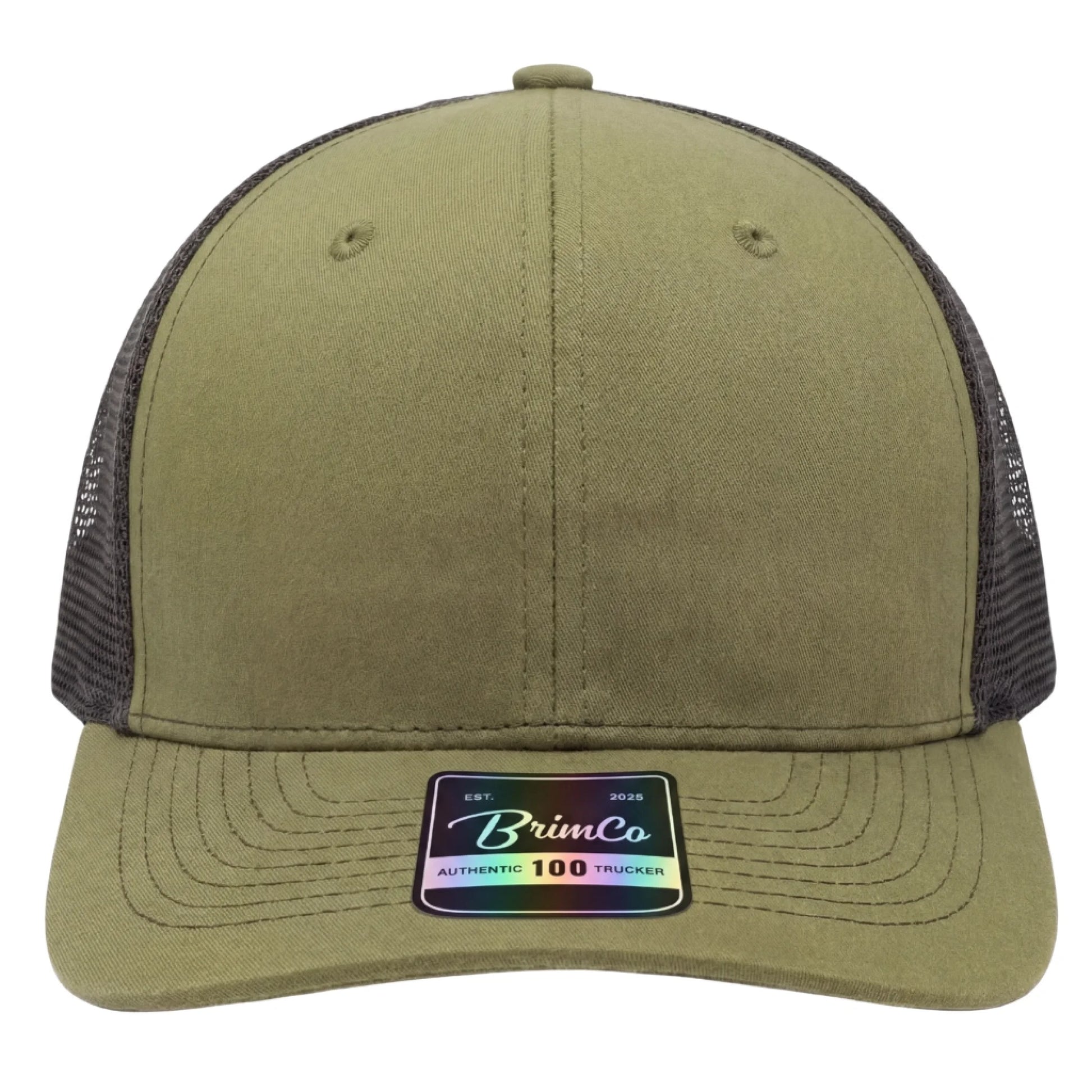 Army green Brimco 100 trucker hat with a structured front panel and black mesh back, designed for breathable comfort, lightweight wear, and durable everyday casual or active use.