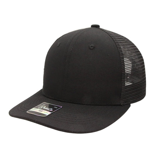 Black Brimco 100 trucker hat featuring a structured front panel with matching black mesh back, designed for breathable comfort, lightweight wear, and everyday casual or active use.
