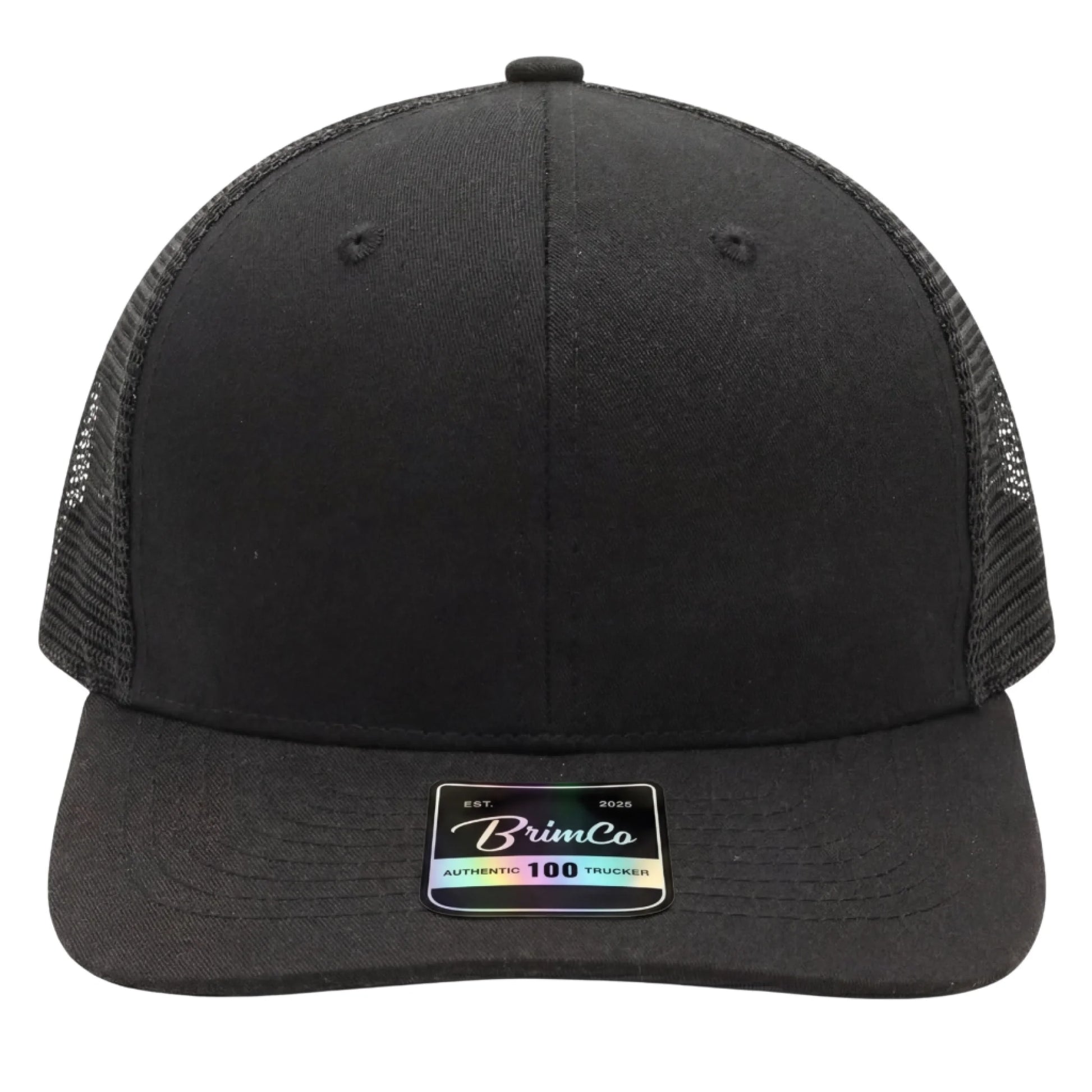 Black Brimco 100 trucker hat featuring a structured front panel with matching black mesh back, designed for breathable comfort, lightweight wear, and everyday casual or active use.