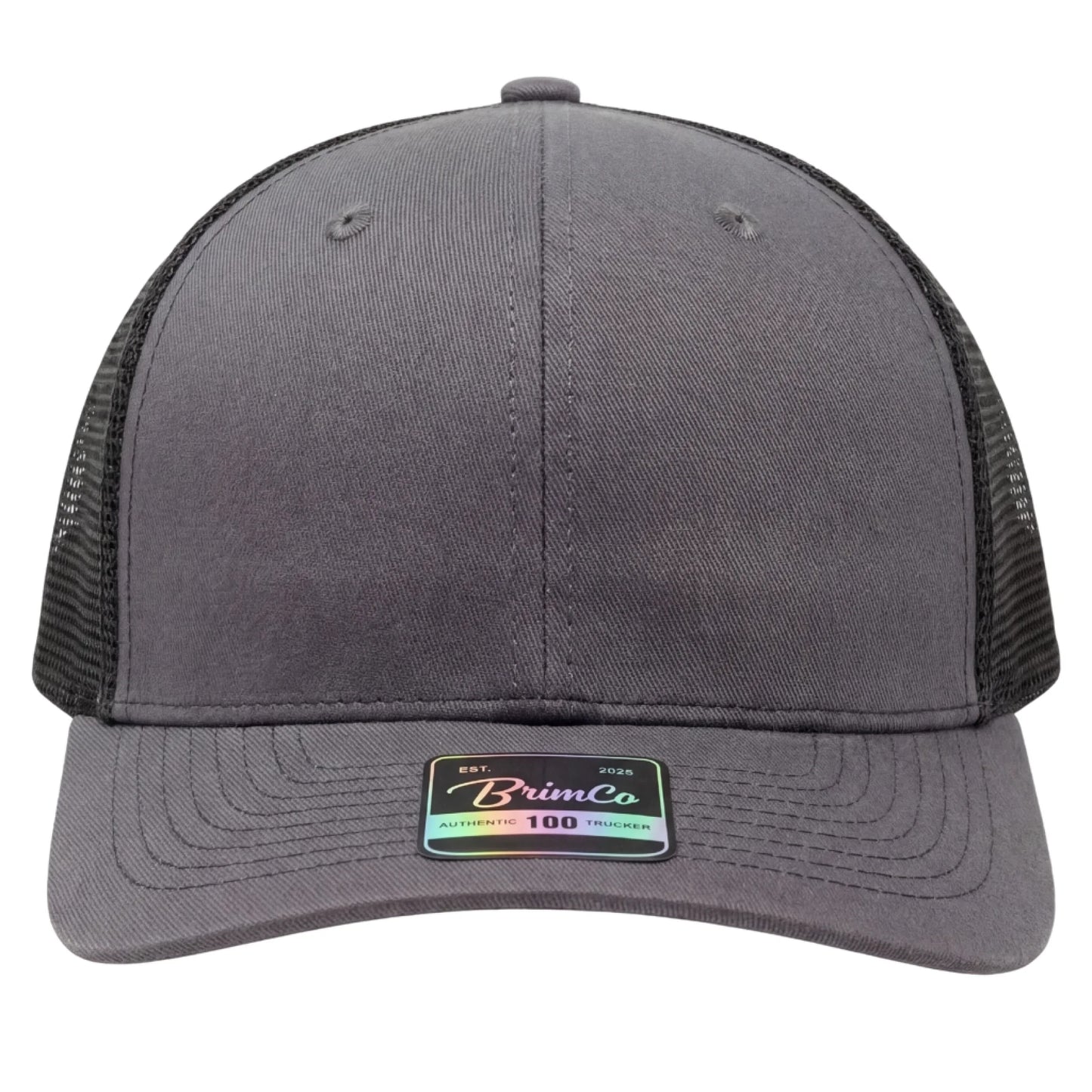 Charcoal gray Brimco 100 trucker hat with a structured front panel and black mesh back, designed for breathable comfort, lightweight wear, and durable everyday casual or active use.