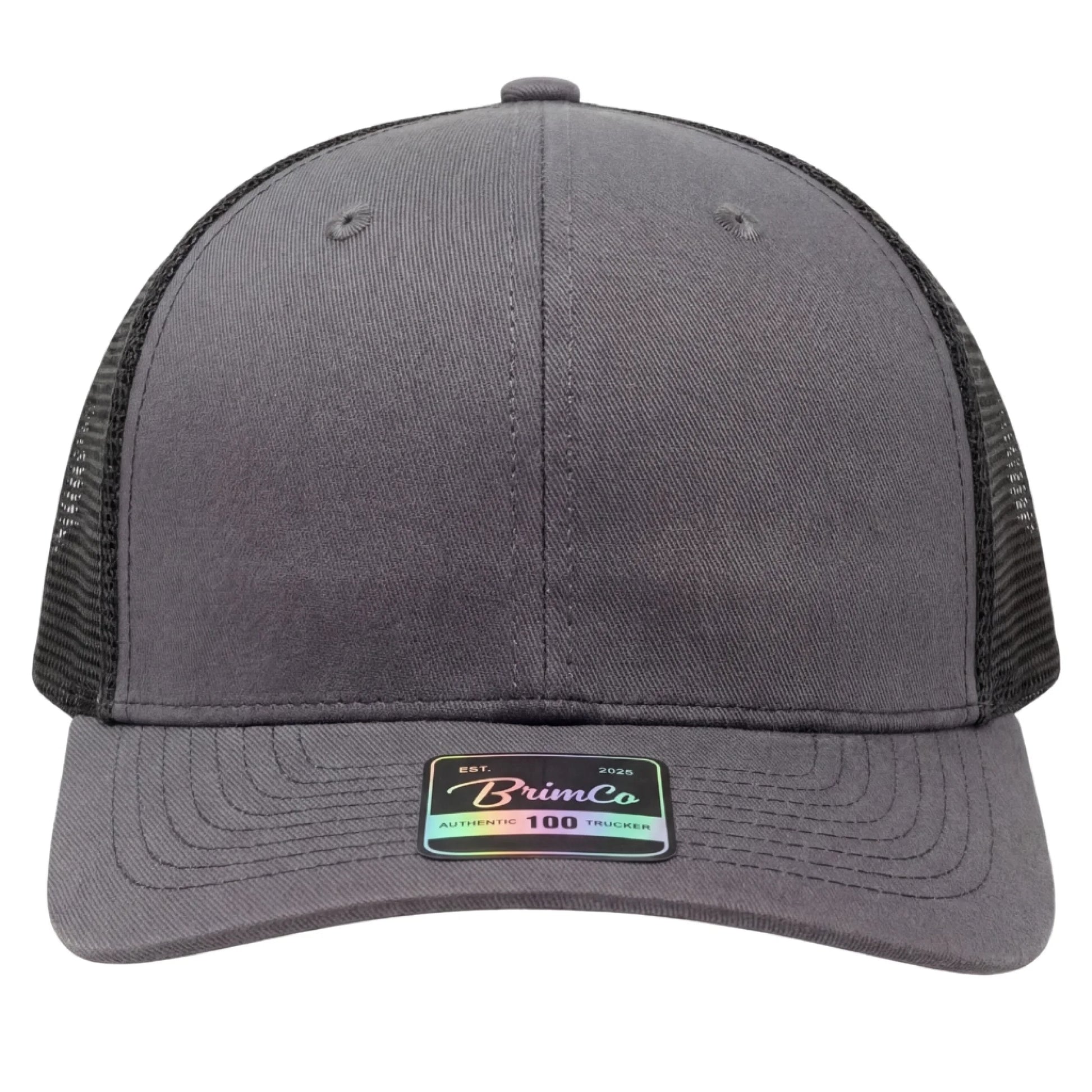 Charcoal gray Brimco 100 trucker hat with a structured front panel and black mesh back, designed for breathable comfort, lightweight wear, and durable everyday casual or active use.