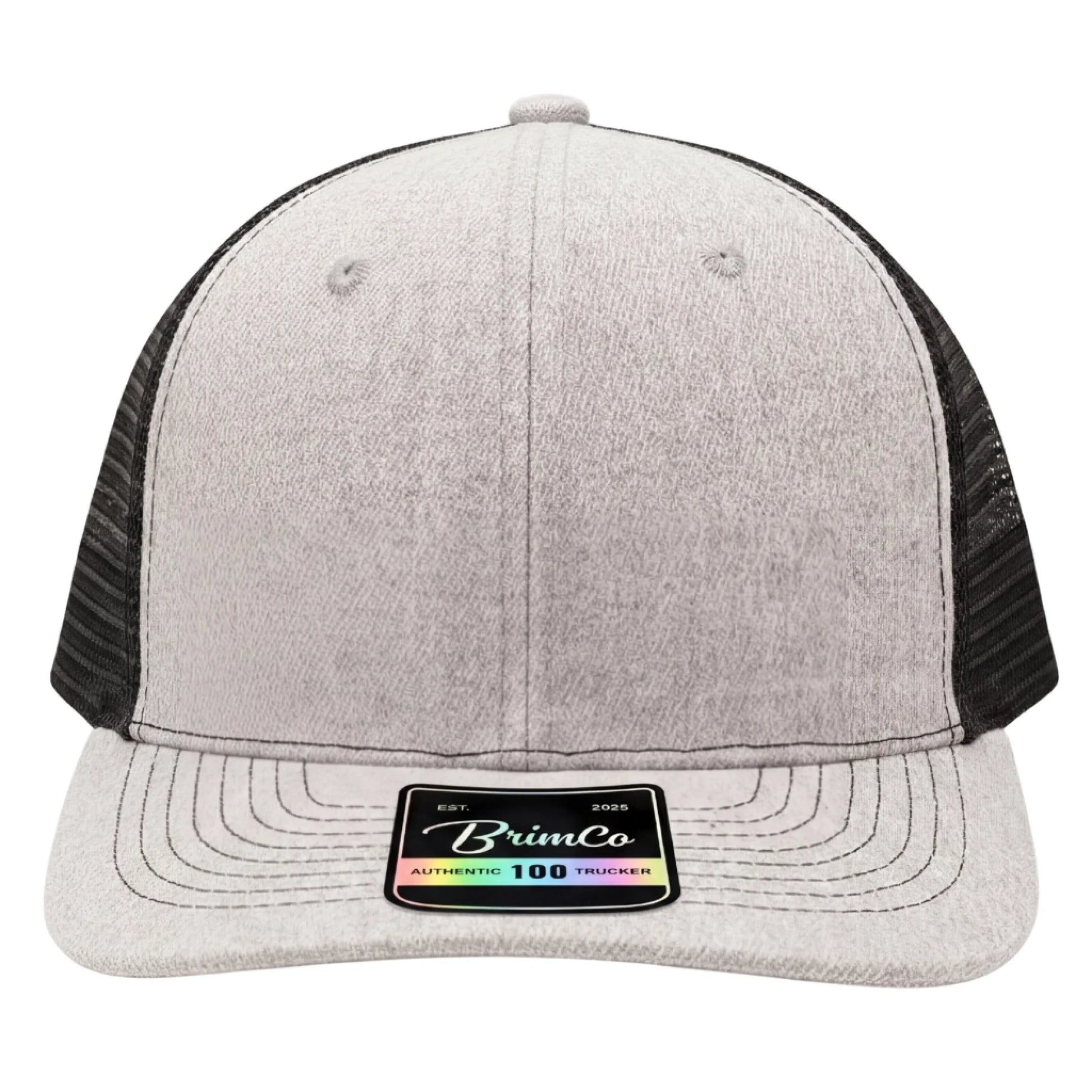 Heather gray Brimco 100 trucker hat with a structured front panel and black mesh back, designed for breathable comfort, lightweight wear, and durable everyday casual or active use.