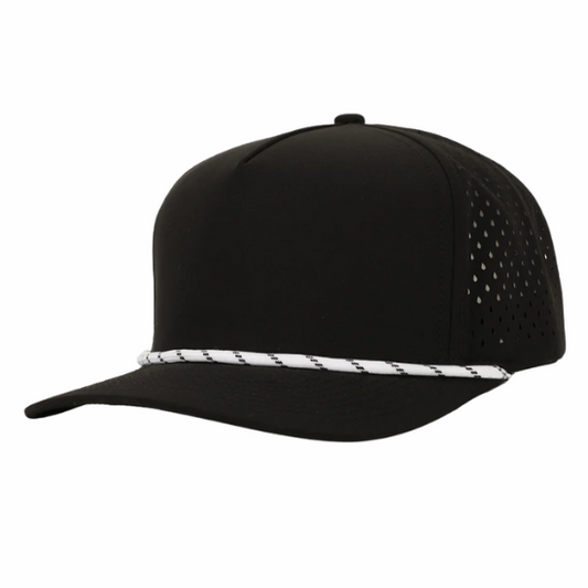 Black Brimco 200 performance hat featuring a structured athletic design with a rope accent across the front panel, designed for durability and active wear comfort.