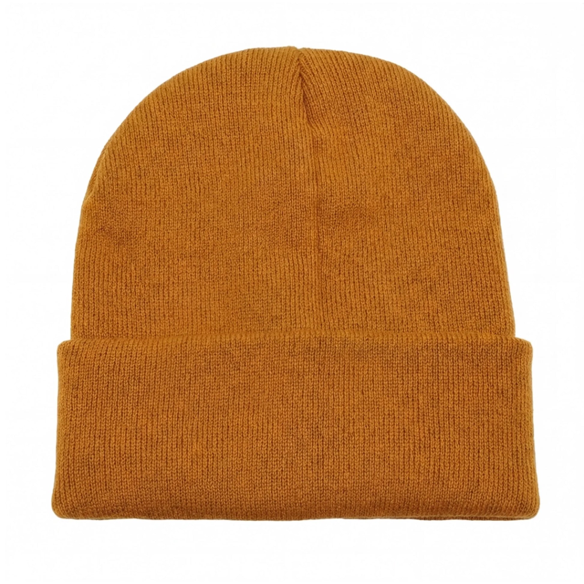 Ginger yellow Brimco beanie with a soft knit construction, designed for warm, comfortable everyday wear with a bright, earthy tone suitable for cold-weather use.